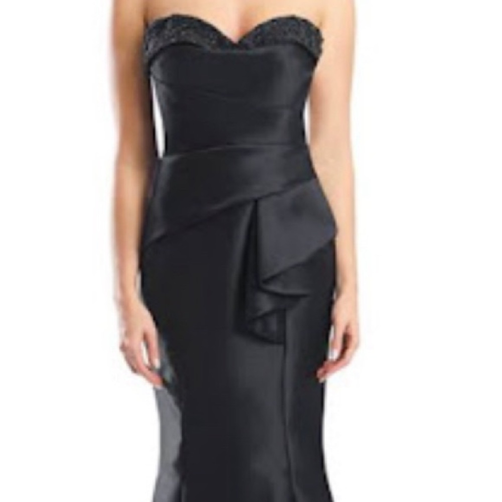 Black satin strapless mermaid gown